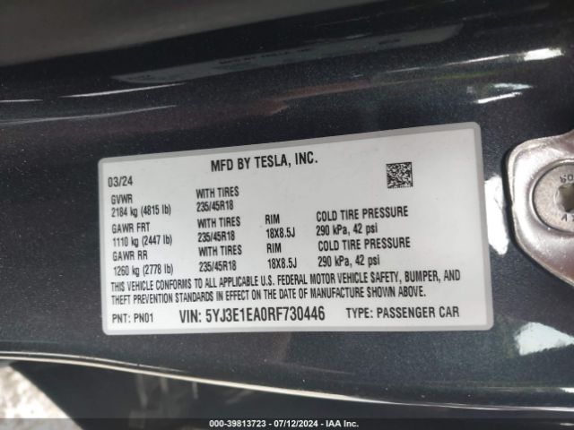 5YJ3E1EA0RF730446 Tesla MODEL 3