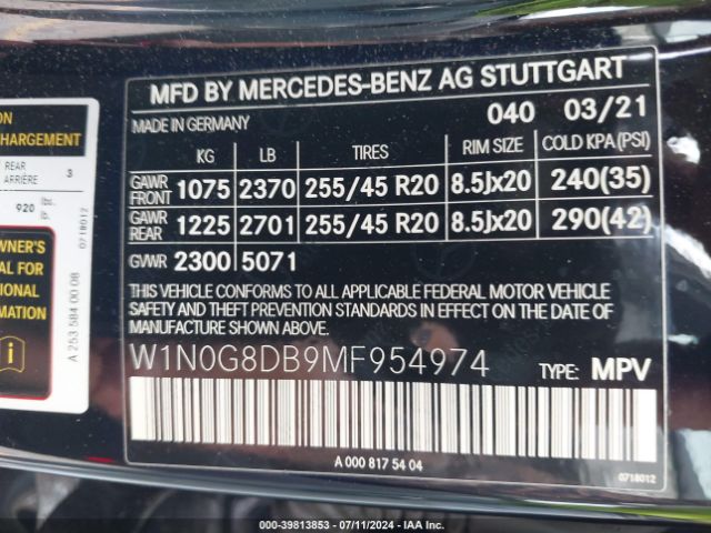 W1N0G8DB9MF954974 Mercedes-Benz Glc 300 Suv