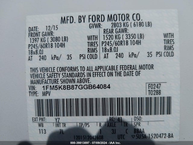 Ford Explorer 2016 1FM5K8B87GGB64084 Image 9
