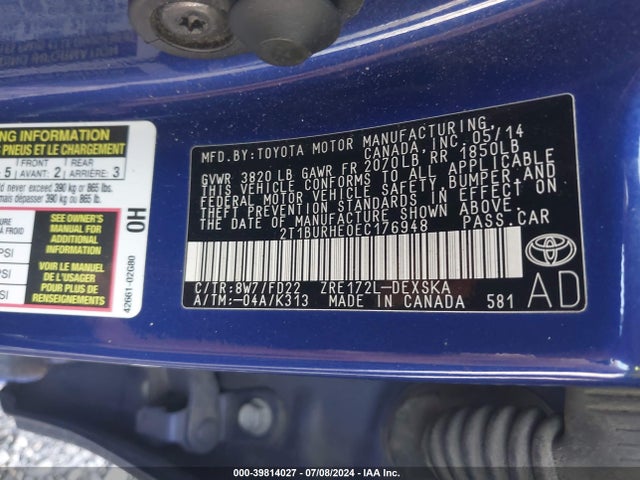 Toyota Corolla S Plus 2014 2T1BURHE0EC176948 Image 9
