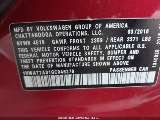 1VWAT7A31GC046276 Volkswagen Passat 1.8t S