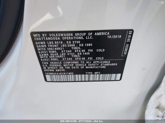 1V2NR2CA1KC611683 Volkswagen Atlas 3.6l V6 Sel Premium