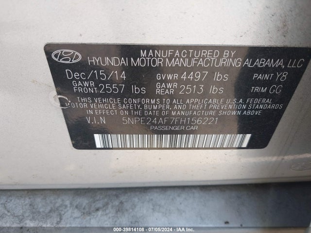 Hyundai SONATA SE 2015 5NPE24AF7FH156221 Image 9