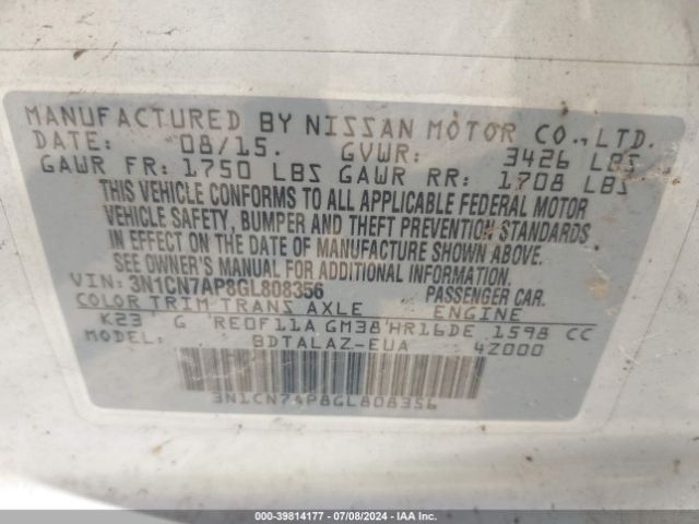 3N1CN7AP8GL808356 Nissan Versa 1.6 S/1.6 S+/1.6 Sl/1.6 Sv