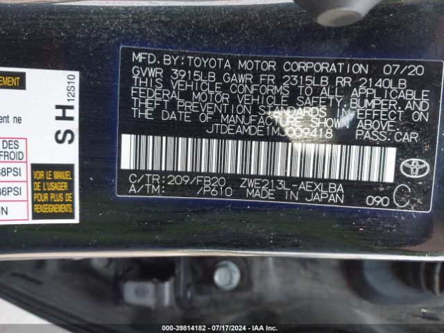 JTDEAMDE1MJ009418 Toyota Corolla Hybrid Le
