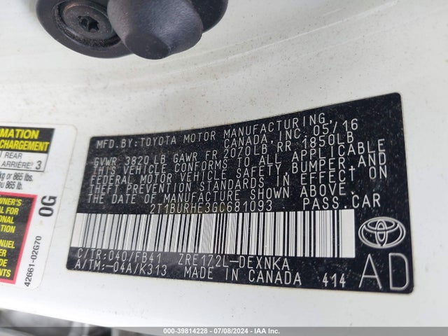 Toyota COROLLA LE 2016 2T1BURHE3GC681093 Image 9