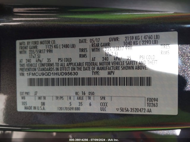 Ford ESCAPE SE 2017 1FMCU9GD1HUD95630 Image 9