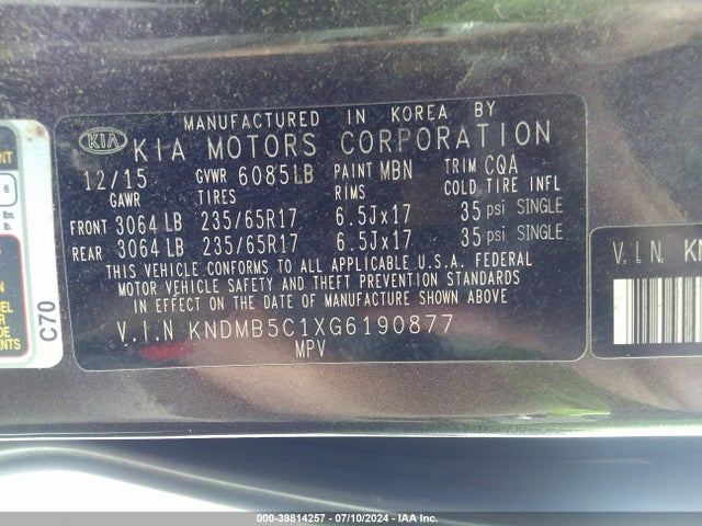 KIA SEDONA LX 2016 KNDMB5C1XG6190877 Image 9