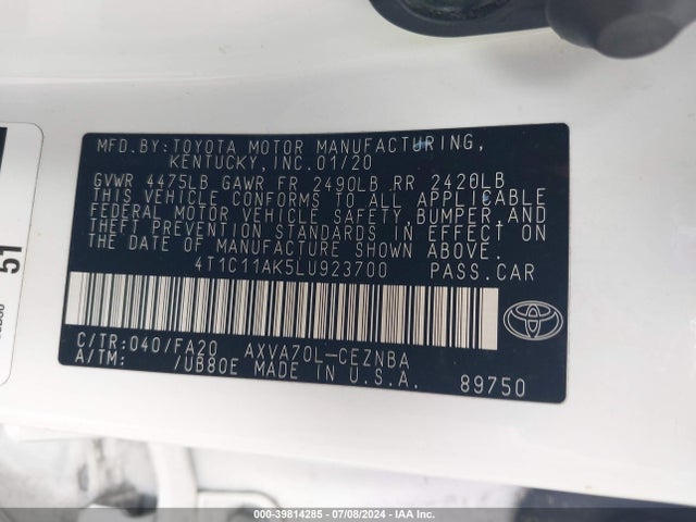 Toyota CAMRY LE 2020 4T1C11AK5LU923700 Image 9
