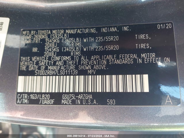 Toyota Highlander Limited 2020 5TDDZRBH7LS011139 Image 9