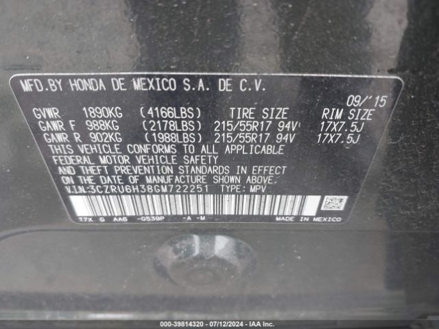 3CZRU6H38GM722251 Honda HR-V LX