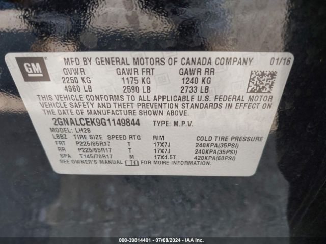 2GNALCEK9G1149844 Chevrolet EQUINOX LT