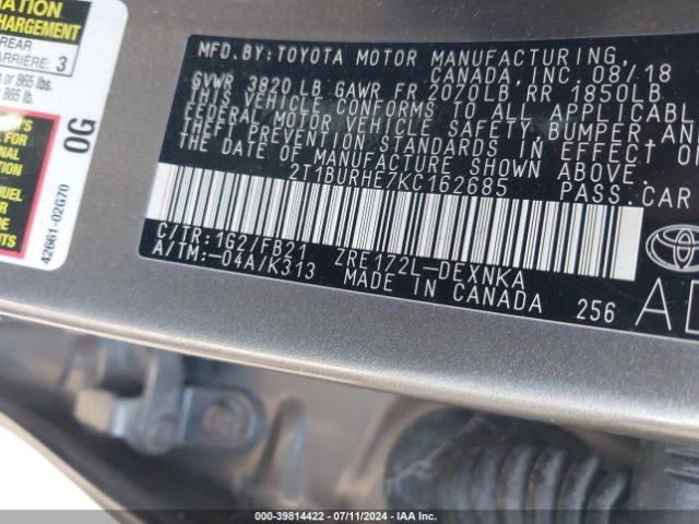 2019 TOYOTA COROLLA 2T1BURHE7KC162685 Photo 8