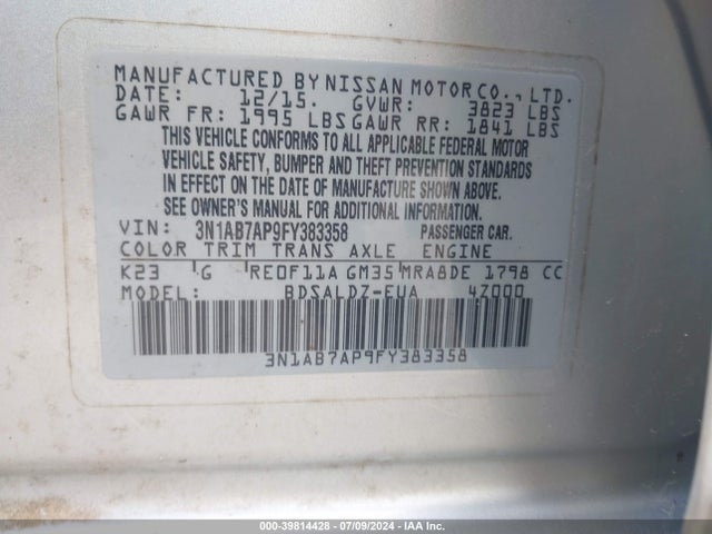 Nissan SENTRA SV 2015 3N1AB7AP9FY383358 Image 9