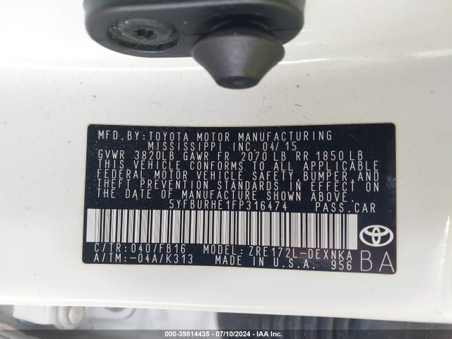 Toyota COROLLA LE 2015 5YFBURHE1FP316474 Image 9
