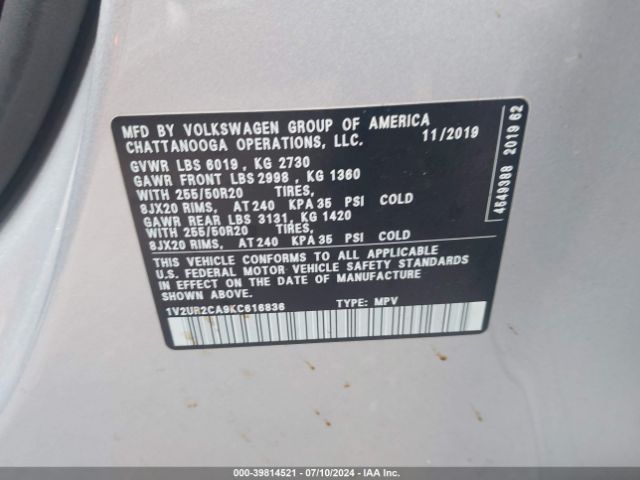 1V2UR2CA9KC616836 Volkswagen Atlas 3.6l V6 Se W/technology