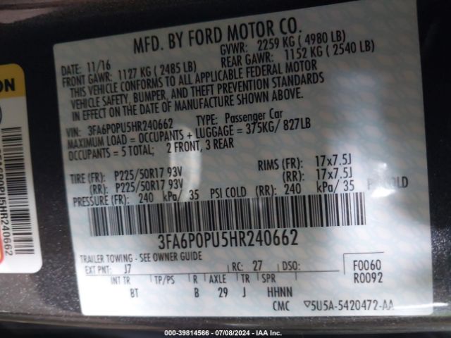 3FA6P0PU5HR240662 Ford Fusion Energi Se Luxury