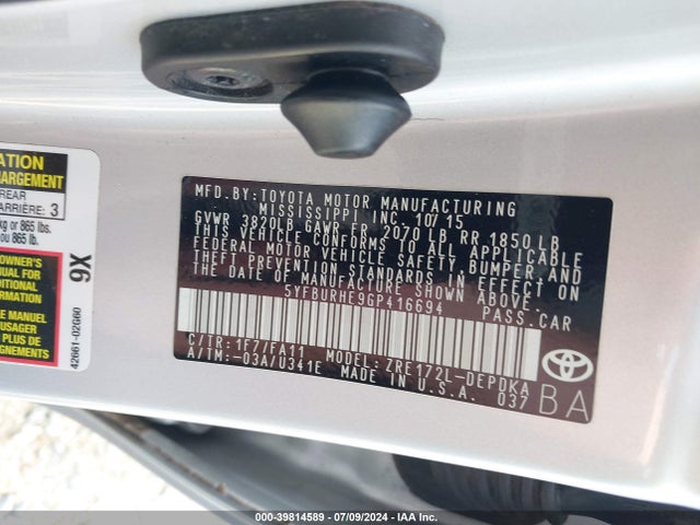 Toyota COROLLA L 2016 5YFBURHE9GP416694 Image 9