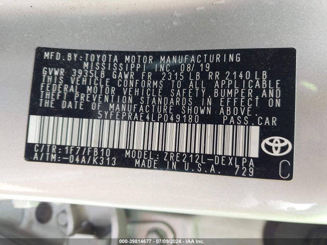 Toyota COROLLA LE 2020 5YFEPRAE4LP049180 Image 9