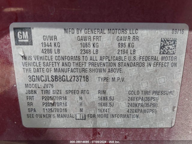 Chevrolet Trax Lt 2016 3GNCJLSB8GL273718 Image 9