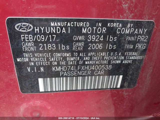 Hyundai ELANTRA SE 2017 KMHD74LFXHU400538 Image 9