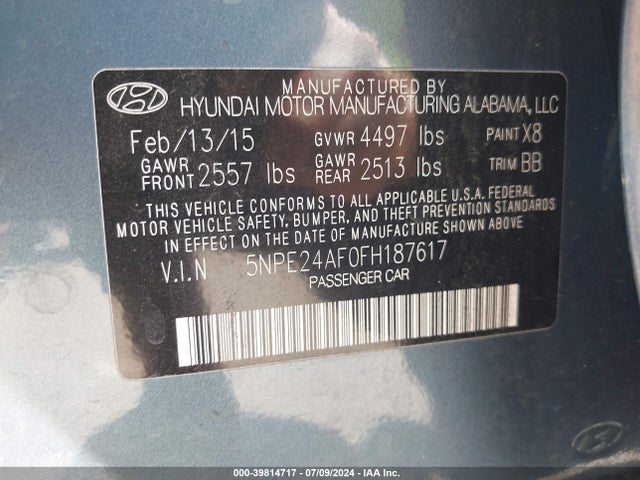Hyundai SONATA SE 2015 5NPE24AF0FH187617 Image 9