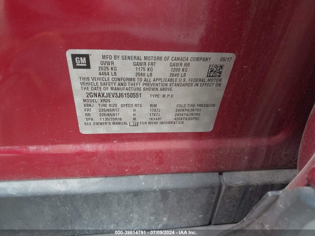 Chevrolet EQUINOX LT 2018 2GNAXJEV3J6150551 Image 9