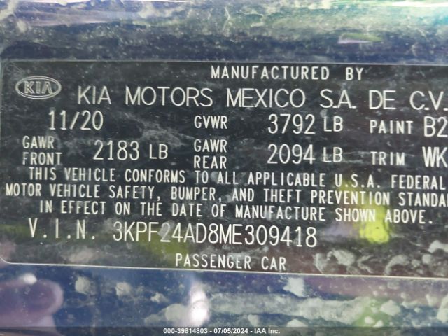 3KPF24AD8ME309418 KIA Forte Lxs