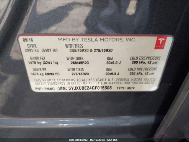 5YJXCBE24GF015608 Tesla Model X 60d/70d/75d/90d/p100d