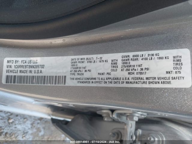 1C6RREBT8NN389702 RAM 1500 Lone Star Quad Cab 4x2 6'4 Box