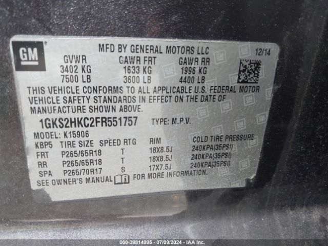 1GKS2HKC2FR551757 GMC Yukon Xl 1500 Slt