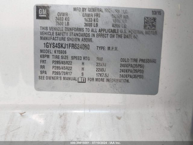 1GYS4SKJ1FR624080 Cadillac Escalade Esv Luxury
