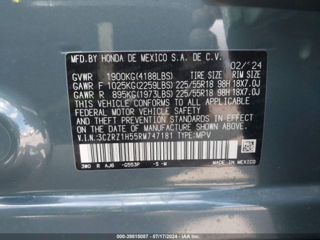 3CZRZ1H55RM747181 Honda Hr-v 2wd Sport/2wd Sport W/o Bsi