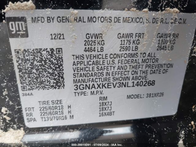 3GNAXKEV3NL140268 Chevrolet Equinox Fwd Lt