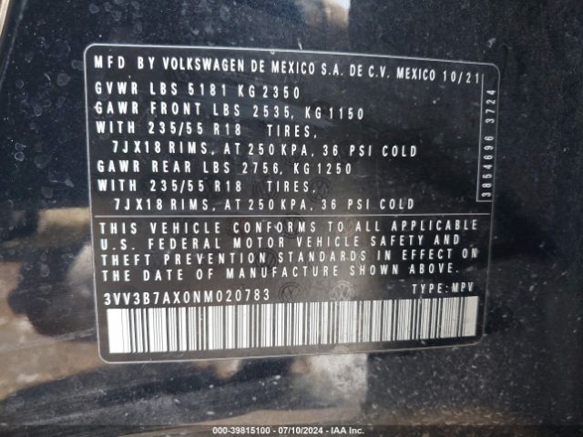3VV3B7AX0NM020783 Volkswagen Tiguan 2.0t Se