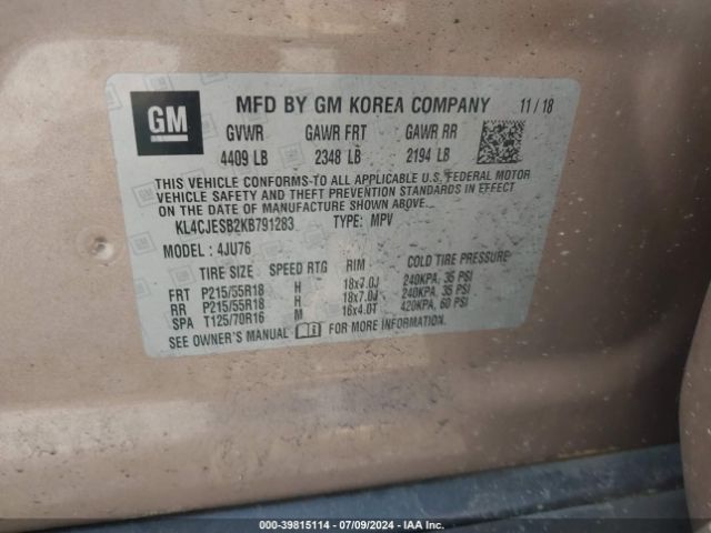 KL4CJESB2KB791283 Buick Encore Awd Preferred