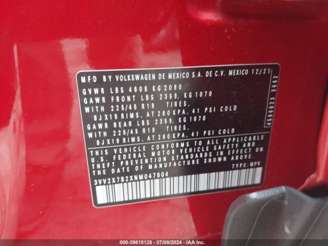 3VV2X7B2XNM047604 Volkswagen Taos 1.5t Sel