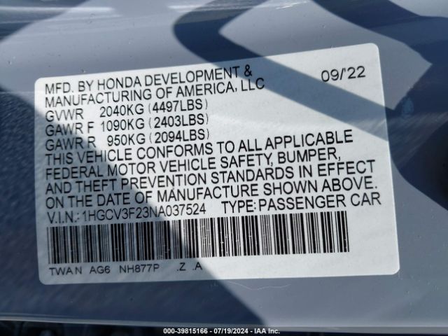 1HGCV3F23NA037524 Honda Accord Hybrid Sport