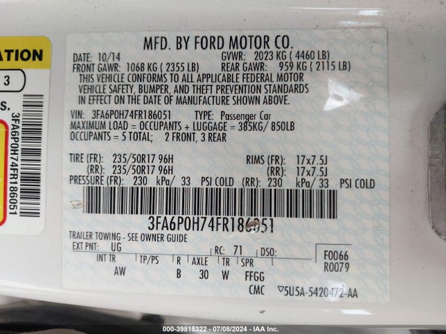 Ford FUSION SE 2015 3FA6P0H74FR186051 Image 9