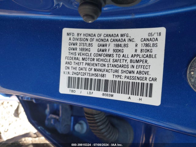 Honda CIVIC EX 2018 2HGFC2F73JH561681 Image 9
