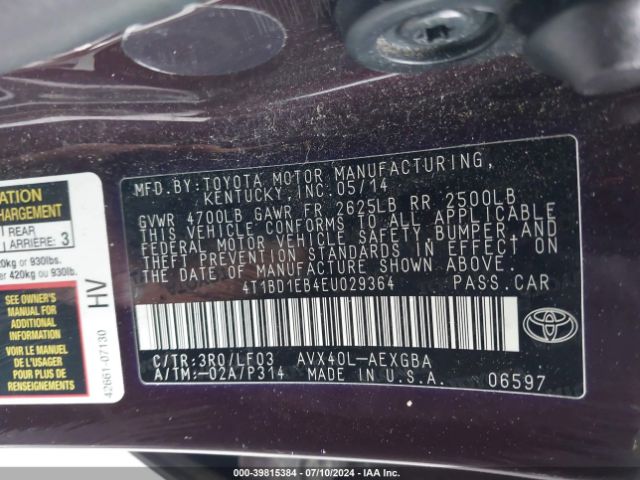 4T1BD1EB4EU029364 Toyota Avalon Hybrid Xle Premium