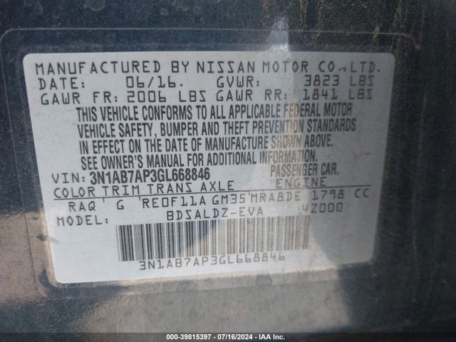 Nissan SENTRA SV 2016 3N1AB7AP3GL668846 Image 9