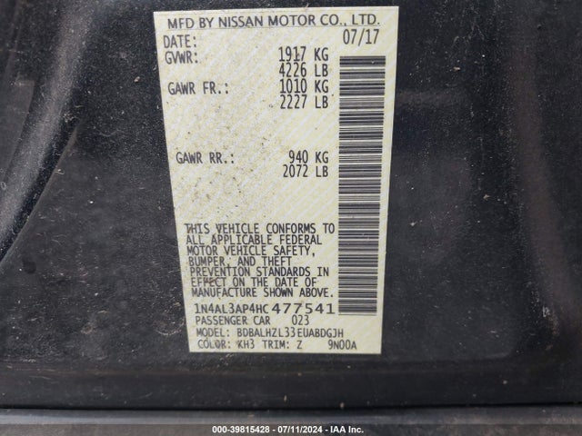 Nissan Altima 2.5 Sr 2017 1N4AL3AP4HC477541 Image 9