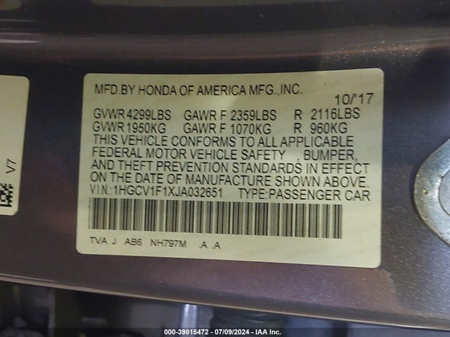 Honda ACCORD LX 2018 1HGCV1F1XJA032651 Image 9