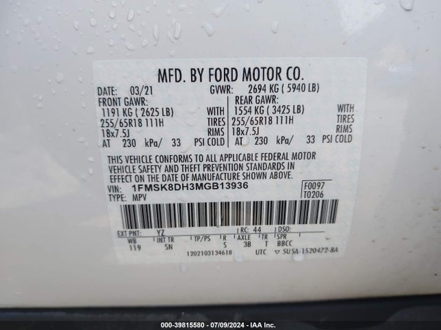 Ford EXPLORER XLT 2021 1FMSK8DH3MGB13936 Image 9
