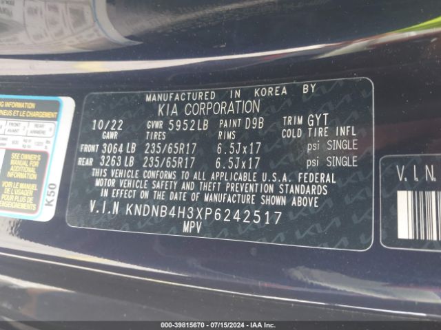 KNDNB4H3XP6242517 KIA Carnival Mpv Lx Seat Package