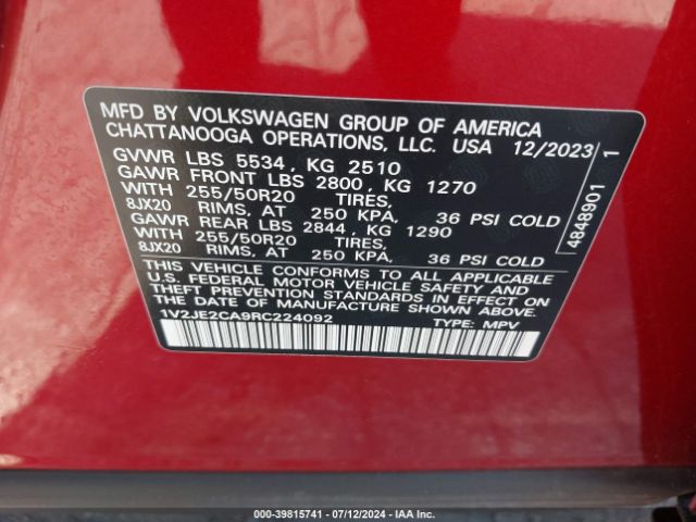 1V2JE2CA9RC224092 Volkswagen Atlas Cross Sport 2.0t Se W/technology
