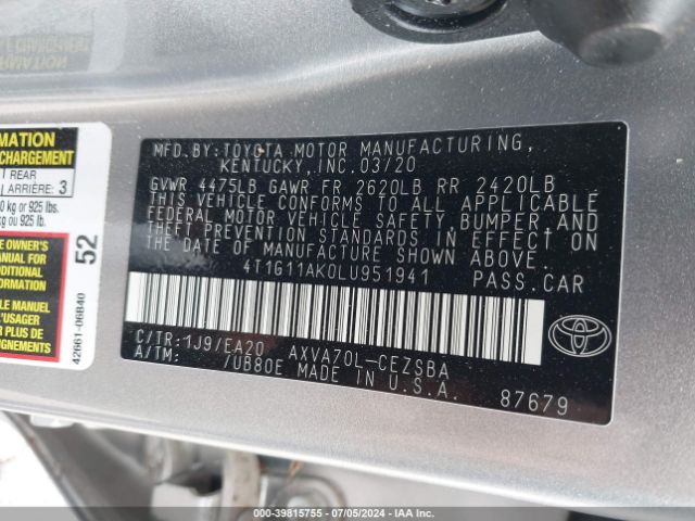 2020 TOYOTA CAMRY 4T1G11AK0LU951941 Photo 8