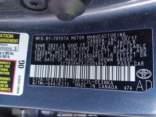 Toyota COROLLA LE 2018 2T1BURHEXJC004842 Image 9