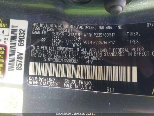 5TDYK3DC2ES508302 Toyota Sienna Xle V6 8 Passenger